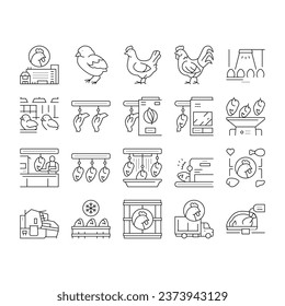 Chicken Meat Factory Collection Icons Set Vector. Chicken Feather Pluck And Washing Machine, Conveyor And Refrigerator For Frozen Carcass Black Contour Illustrations