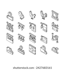 Chicken Meat Factory Collection isometric icons set. Chicken Feather Pluck And Washing Machine, Conveyor And Refrigerator For Frozen Carcass Concept Linear Pictograms. Contour Color .