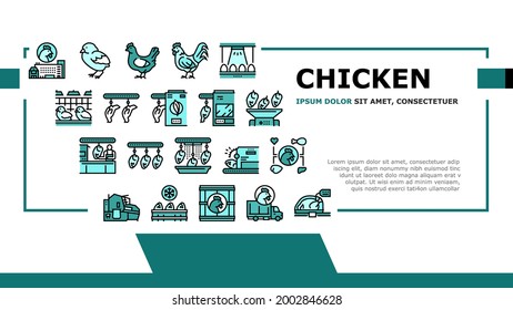 Chicken Meat Factory Landing Header Vector. Chicken Feather Pluck And Washing Machine, Conveyor And Refrigerator For Frozen Carcass Illustration