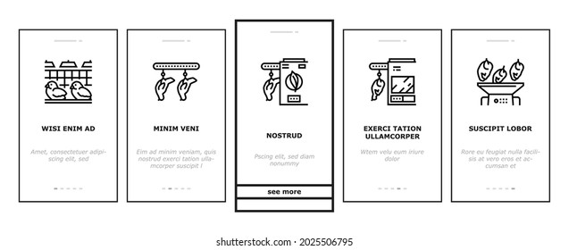 Chicken Meat Factory Onboarding Mobile App Page Screen Vector. Chicken Feather Pluck And Washing Machine, Conveyor And Refrigerator For Frozen Carcass Illustrations