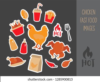Chicken meat fast food concept. Hot, spicy asian, oriental taste. Set of flat vector illustration. Sticker, booklet, banner, card, restaurant menu, advertisement design.