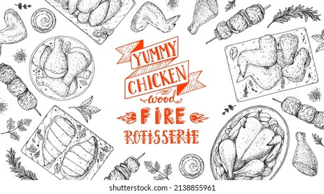 Chicken meat. Fried chicken. Hand drawn sketch illustration. Grilled chicken meat and top view frame. Vector illustration. Engraved design. Restaurant menu design template.