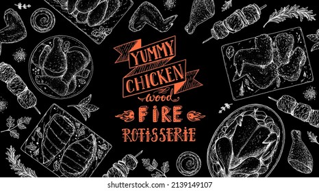 Chicken meat. Fried chicken. Hand drawn sketch illustration. Grilled chicken meat and top view frame. Vector illustration. Engraved design. Restaurant menu design template.