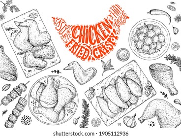 Chicken meat. Grilled and Fried chicken. Hand drawn sketch illustration. Grilled chicken meat top view frame. Vector illustration. Engraved design. Restaurant menu design template.