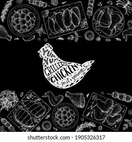 Chicken meat. Grilled and Fried chicken. Hand drawn sketch illustration. Grilled chicken meat top view frame. Vector illustration. Engraved design. Restaurant menu design template.