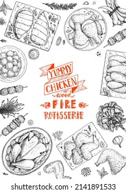 Chicken meat. Grilled and Fried chicken. Hand drawn sketch illustration. Grilled chicken meat top view frame. Vector illustration. Engraved design. Restaurant menu design template