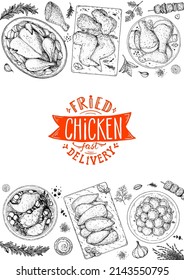 Carne de pollo. Pollo a la parrilla y pollo frito. Ilustración de esbozo dibujada a mano. Marco de vista superior de carne de pollo a la parrilla. Ilustración vectorial. Diseño grabado. Plantilla de diseño de menú de restaurante