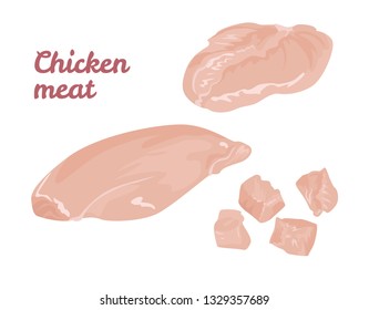 Chicken meat isolated on white background. Fresh fillet and diced pieces. Vector illustration of raw chicken breast in cartoon simple flat style.