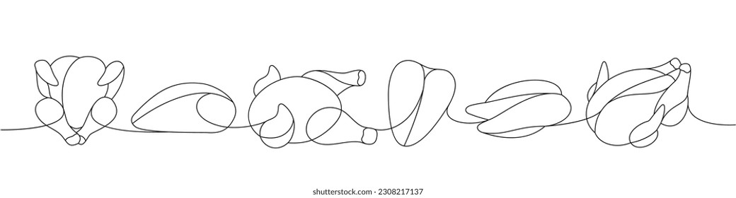 Carne de pollo de una línea de dibujo continuo. Piezas de carne de pollo crudo de una línea continua. Ilustración lineal minimalista del vector.