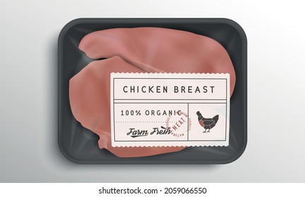 Chicken meat package mockup. Chicken meat label with hen silhouette.  
Plastic Food box mockup with chicken fillet. Vector illustration