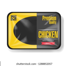 Chicken Meat Packaging. Plastic Tray Container With Cellophane Cover. Mockup Template For Your Design. Plastic Food Container. Vector Illustration.