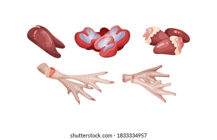 Chicken Meat Part With Feet And Hearts As Byproduct Vector Set