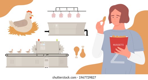 Chicken meat products vector illustration. Cartoon girl teen character eating chicken nuggets, production chain with farm chicks on factory conveyor belt equipment, poultry food industry background