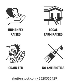 Chicken meat quality icons set. No antibiotics, Grain-fed, Local farm raised, Humanely raised. Pictograms for labeling in monochrome style