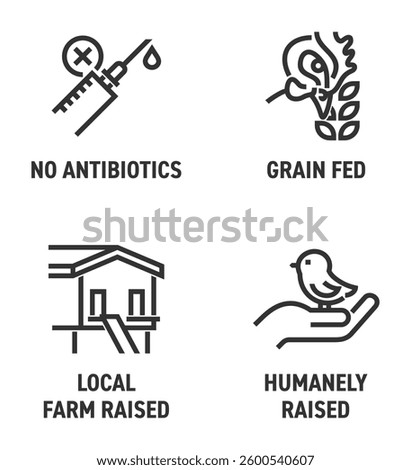 Chicken meat quality icons set. No antibiotics, Grain-fed, Local farm raised, Humanely raised. Pictograms for labeling in bold line