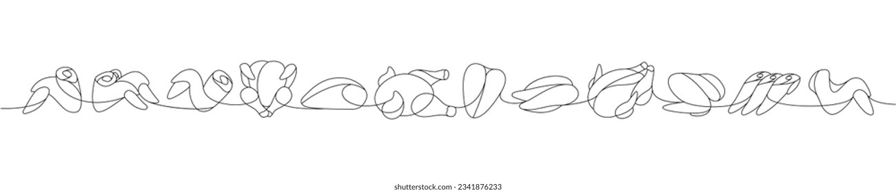Chicken meat raw one line continuous drawing. Raw chicken meat parts continuous one line illustration. Vector minimalist linear illustration.