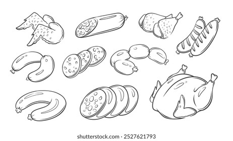 Conjunto de ícones de carne de frango e linha de salsicha. Pássaro inteiro cru retrô desenhado à mão, baquetas e asas frescas, corrente de sabão e salame italiano. Mascotes de açougueiros, ícones de carne de doodle ilustração vetorial