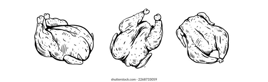 Chicken meat set hand drawn black color outline style vector illustration