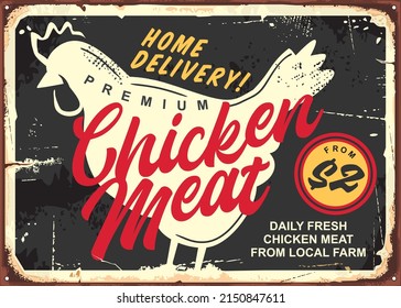 Chicken Meat Sign Post Advertisement For Butchery Store With Chicken Silhouette And Creative Lettering. Farm Fresh Chicken Meat Retro Vector Poster.