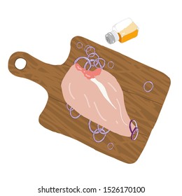 Chicken meat vector illustration isolated on white. Breast fillet on a cutting wooden board with onions and spices. Dinner dish wuth curry