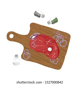 Chicken meat vector illustration isolated on white. Ham, leg on a cutting wooden board with onions and spices. Dinner dish. Salt, pepper and red pepper