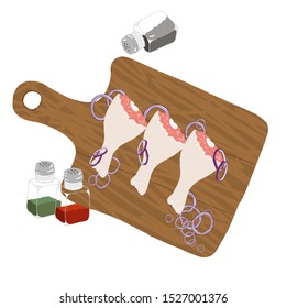 Chicken meat vector illustration isolated on white. Drumsticks on a cutting wooden board with onions and spices. Lunch dish with black pepper, red pepper and herbs