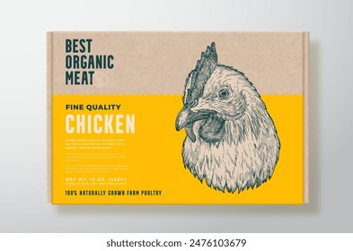 Chicken Meat Vector Packaging Label Design on a Craft Cardboard Food Box Container. Modern Typography and Hand Drawn Domestic Poultry Bird Face Head Background Layout. Isolated