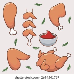 Carne de pollo. Vector de alitas de pollo a la parrilla, palillos de pollo y pollo entero.