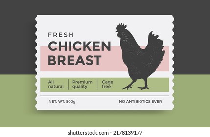 Chicken Meat vintage label design for Poultry Packaging. Vector product template with silhouette rooster. Retro typography package.