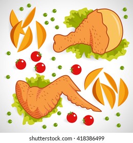 chicken meat, wing, leg isolated on a white background. Golden baked skin of different parts of the body. Chicken drumstick, tomatoes, potato slices, wing, lettuce, peas. Vector illustration