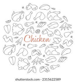 Chicken meats in circle design. Butcher menu design. Chicken farming products. Whole chicken, brisket wing, fillet, ham, leg, breast, shank, drumstick