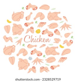 Chicken meats in circle design. Butcher shop banner. Whole chicken, brisket wing, carcass, fillet, ham, leg, breast, shank, drumstick.