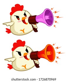 Caricatura de mascota de megáfono de pollo en vector