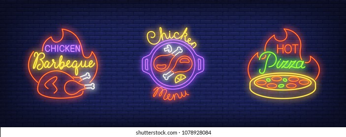 Chicken menu, barbecue, hot pizza neon sign set. Chicken dish, bbq, fire. Night bright advertisements. Vector illustrations in neon style for fast food restaurant and cafe