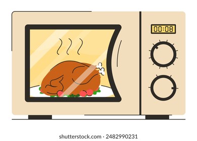 Chicken in microwave vector isolated. Illustration of product in electrical oven. Cooking dinner.