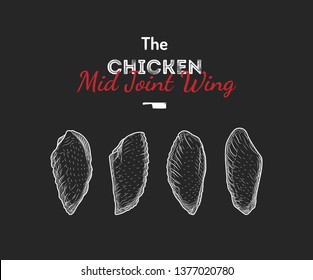 Chicken Mid Joint Wings vector drawing illustration. Set fresh raw cuts isolated pieces. Chicken logo,  logotype, icon, label, sign, emblem. For shop, farm, restaurant, butchery, poultry. Vintage