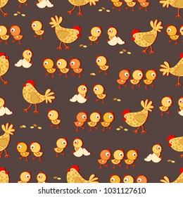 Chicken Mom and little chickens on a dark background.  Seamless pattern. Design for children's textiles, background image for packaging materials, agricultural products. Cartoon style.