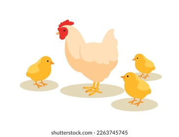 Chicken mother with chicks. Birds and winged animals with feathers. Nature and wild life, care and love. Symbol of spring and summer. Farming and agriculture. Cartoon flat vector illustration