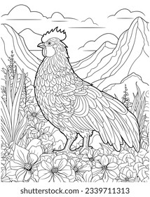 Pollo con páginas de colores de montañas