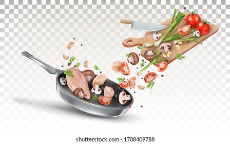 Chicken, mushrooms, green onions, tomatoes, parsley, chopped spices on a wooden kitchen board fall into a pan. Cooking process. Vector 3d illustration.