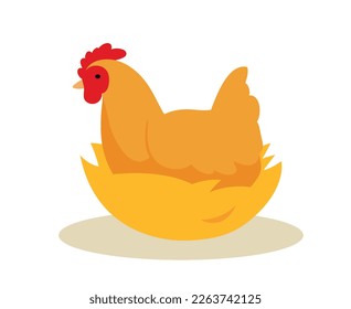 Chicken in nest concept. Animal with wings and feathers sits on eggs. Mom is expecting children. Nature and wild life, agriculture and farming. Cartoon flat vector illustration