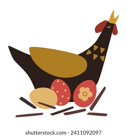 Chicken in nest with eggs. Laying hen. Farm. Flat. Vector illustration