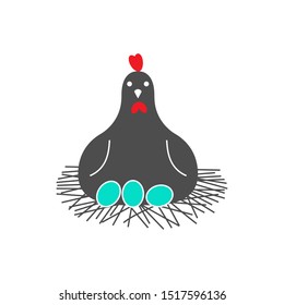 Chicken in the nest. Chicken incubates eggs. 