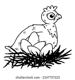 Pollo en el dibujo del esbozo del nido. Ilustración vectorial de un pollo en el nido. 
