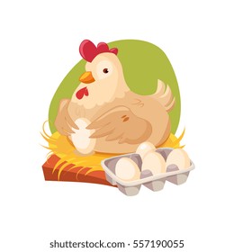 Chicken Nesting Laying Fresh Eggs, Farm And Farming Related Illustration In Bright Cartoon Style