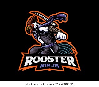 Diseño del logo de la mascota ninja de pollo. Ilustración vectorial de ninja de pollo. Ilustración de logotipo para mascota o símbolo e identidad, deportes de emblema o equipo de juegos de e-sports