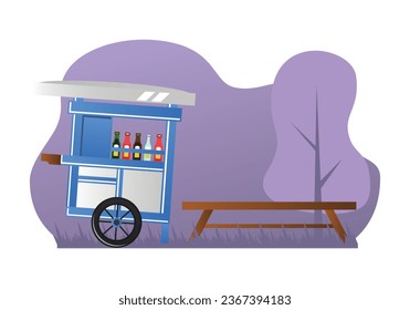 Chicken noodle cart Indonesian traditional long chair with background flat art  design illustration editable