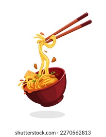 Chicken noodle food bowl and chopstick symbol cartoon illustration vector