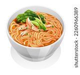 Chicken noodle soup with vegetables in a white bowl vector illustration