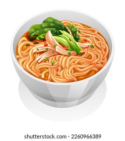Chicken noodle soup with vegetables in a white bowl vector illustration